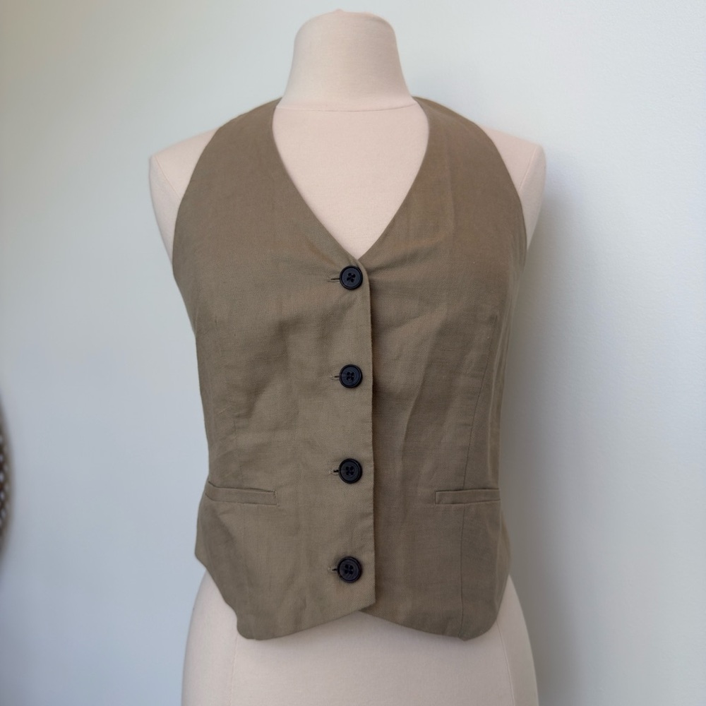 *NWT* Gap Linen-Cotton Khaki Button-Up Halter Vest